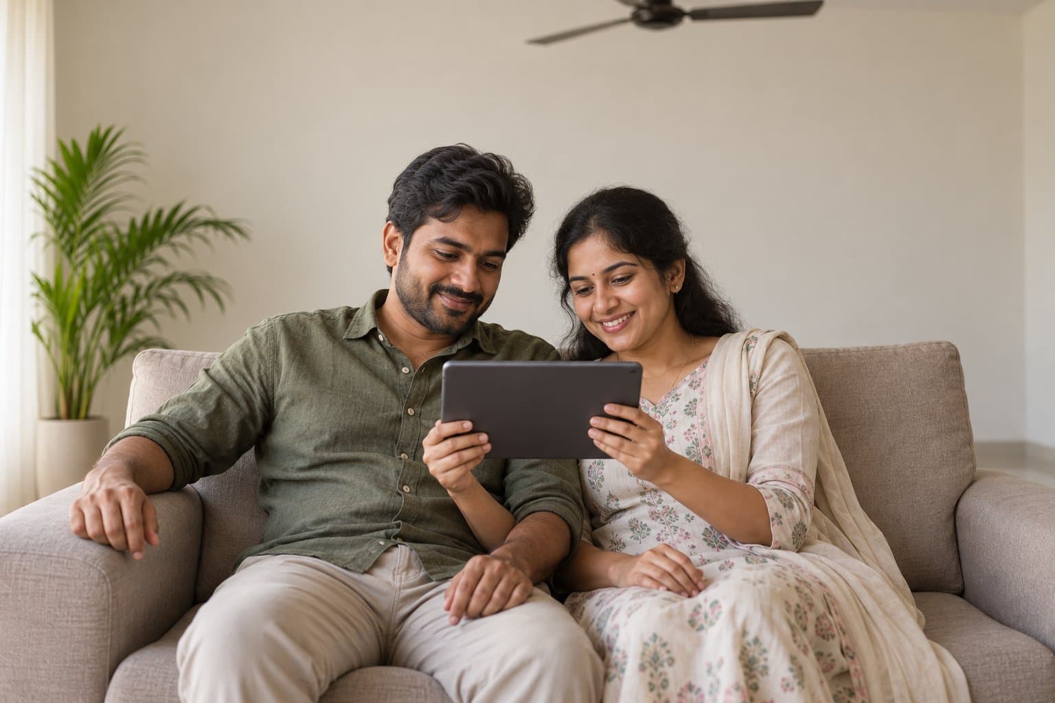 A young couple sit close together on a sofa in a plainly furnished living room, both looking down at a tablet held between them.