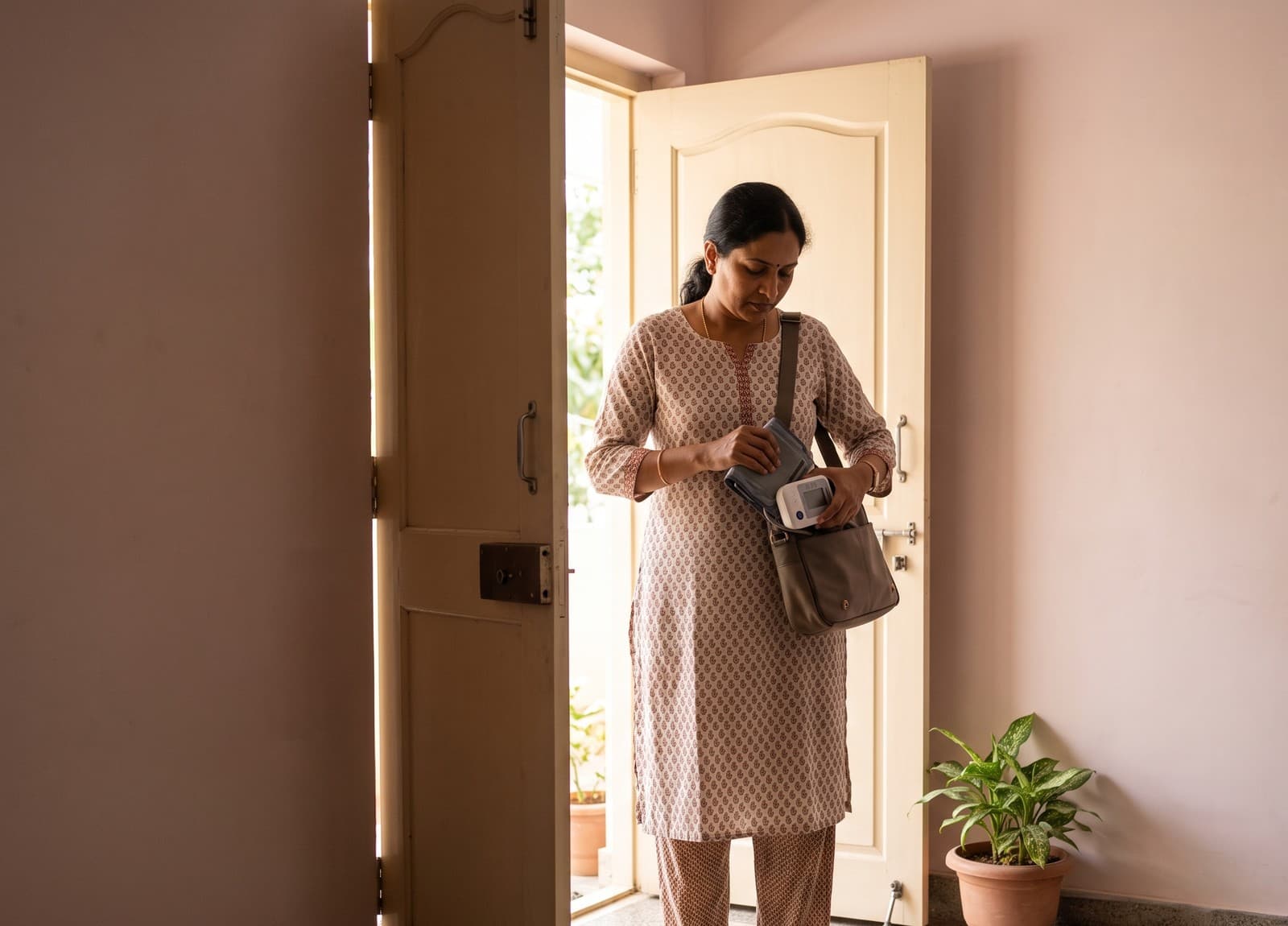 A woman in a block-printed cotton kurta stands in the open doorway of a home, sliding a blood-pressure monitor into the shoulder bag at her side.