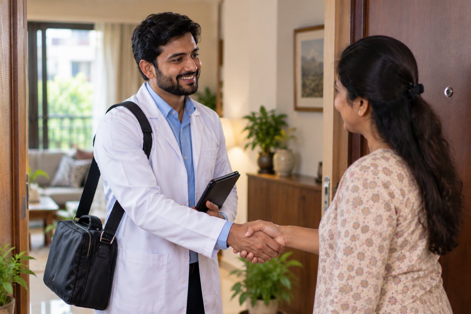 A doctor in a white coat, a plain black shoulder bag over one arm and a tablet in his hand, shakes hands with a woman at the open front door of her flat.
