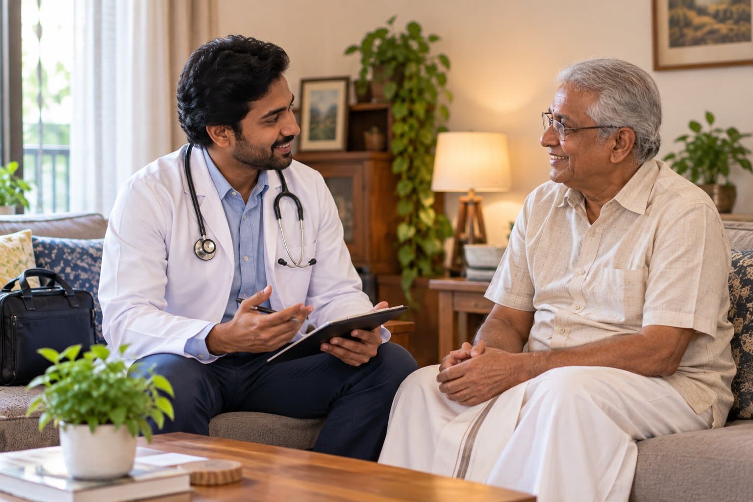 A doctor in a white coat sits forward with a tablet in a sunlit living room, talking with an older man in a white dhoti seated on the sofa opposite him.