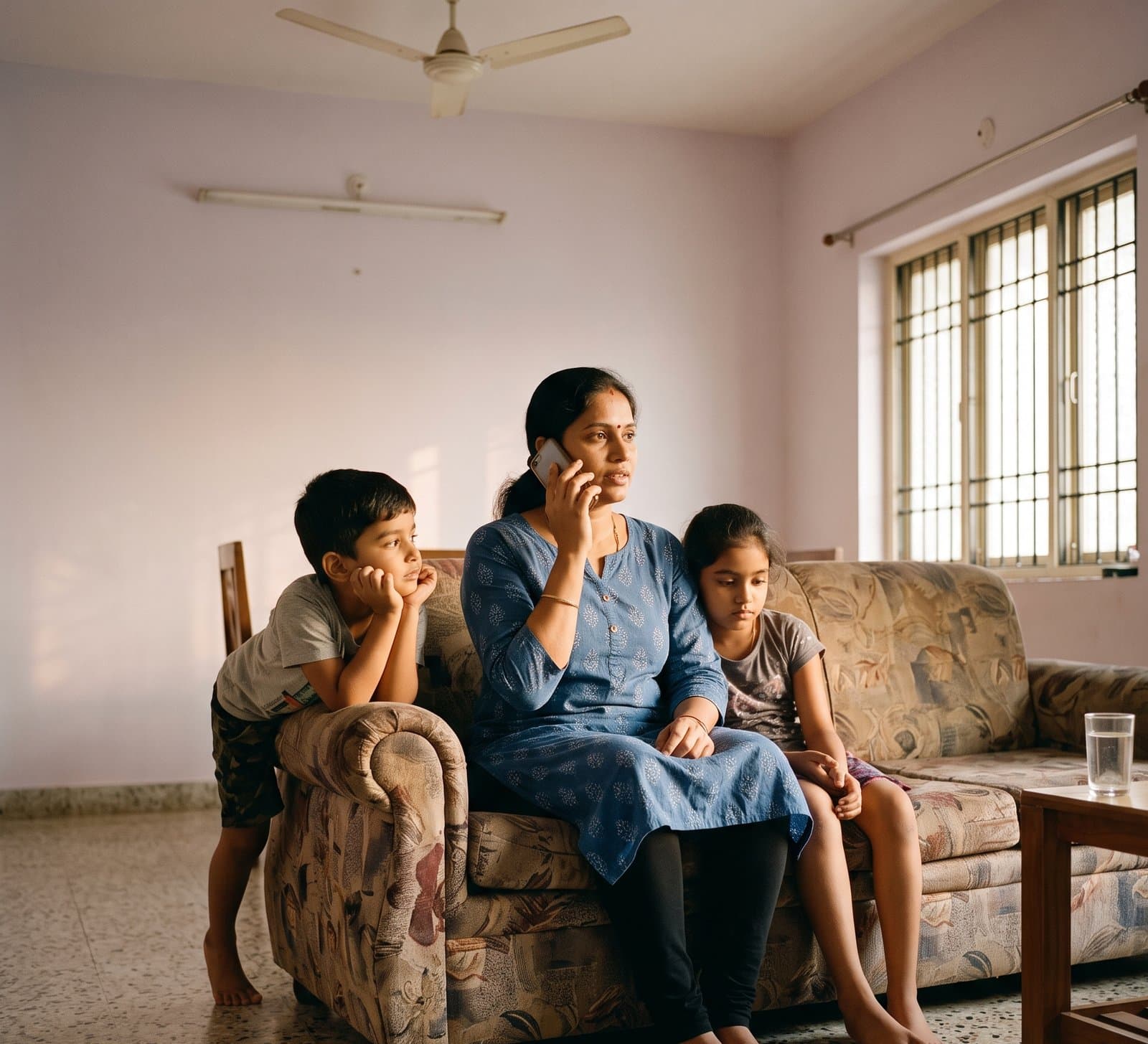 A woman in a printed cotton kurta sits on a patterned sofa holding a phone to her ear while a boy leans on the armchair beside her and a girl rests her head on her shoulder, in a sunlit room with a terrazzo floor.