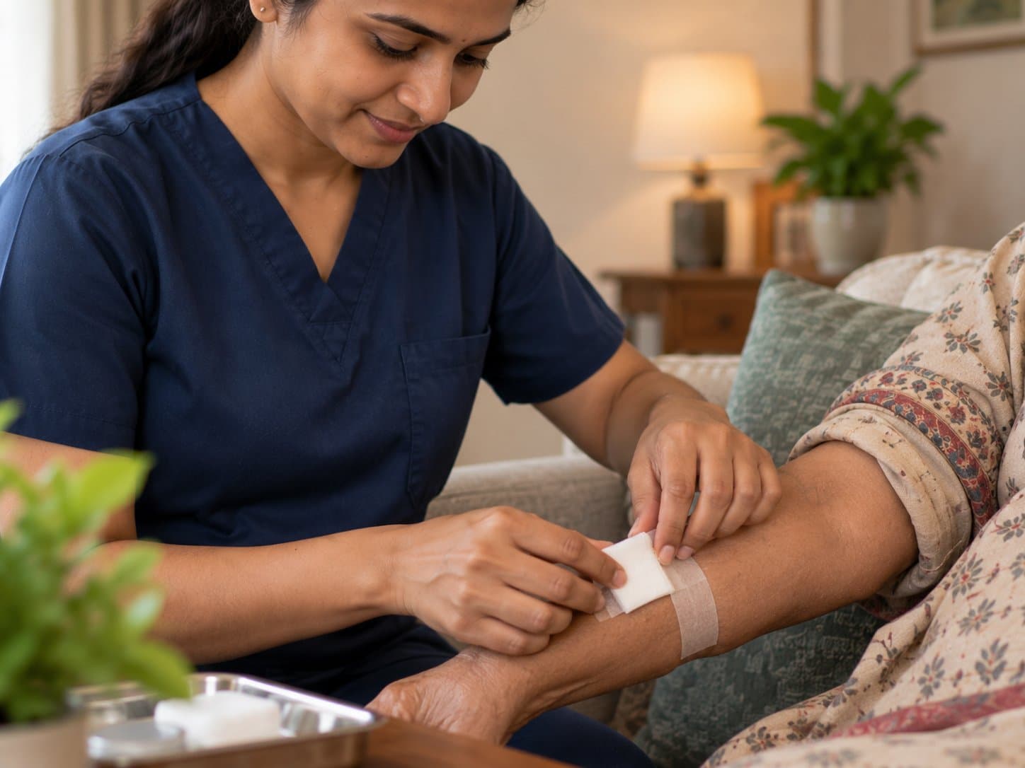 A nurse in plain navy scrubs presses a square of gauze onto an older person's forearm and smooths surgical tape over it, seated beside them at home.