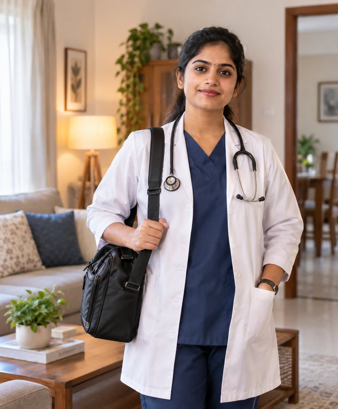 A doctor in a white coat over navy scrubs stands in a family living room, a stethoscope around her neck, one hand on the strap of a plain black shoulder bag and the other in her coat pocket.