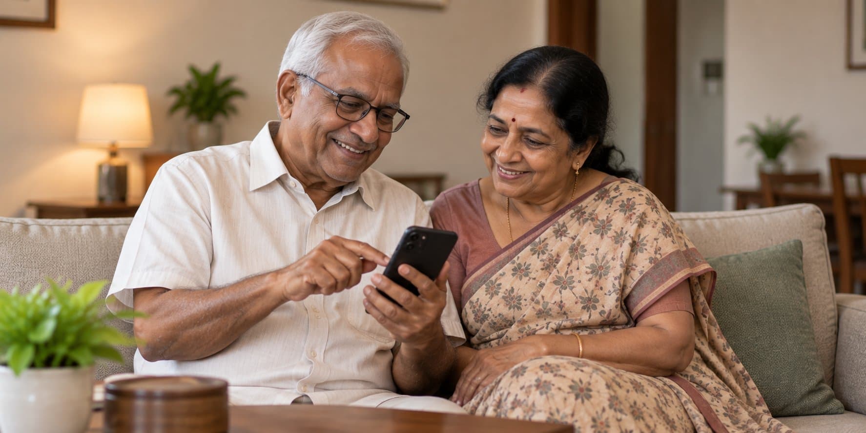 An older couple sit close together on a sofa at home, the man holding a phone and pointing at its screen while the woman leans in to look with him.
